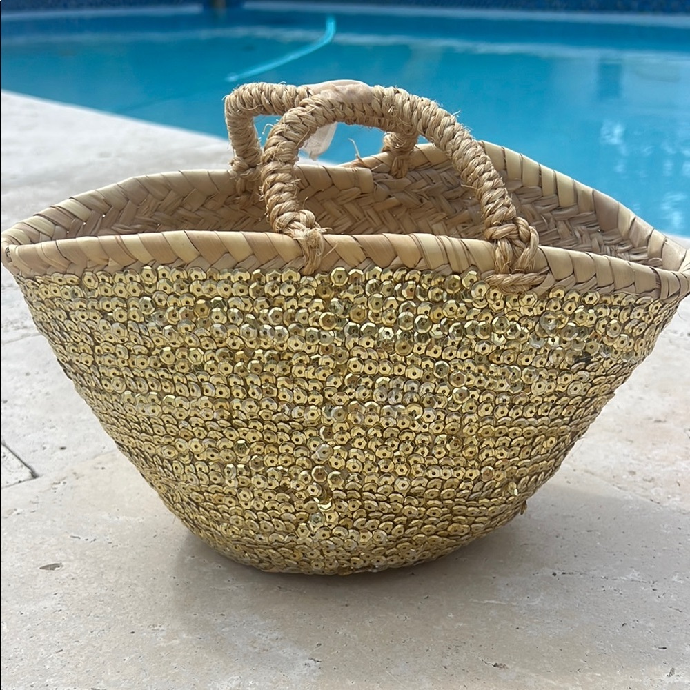 Chic Gold Sequin Straw Tote